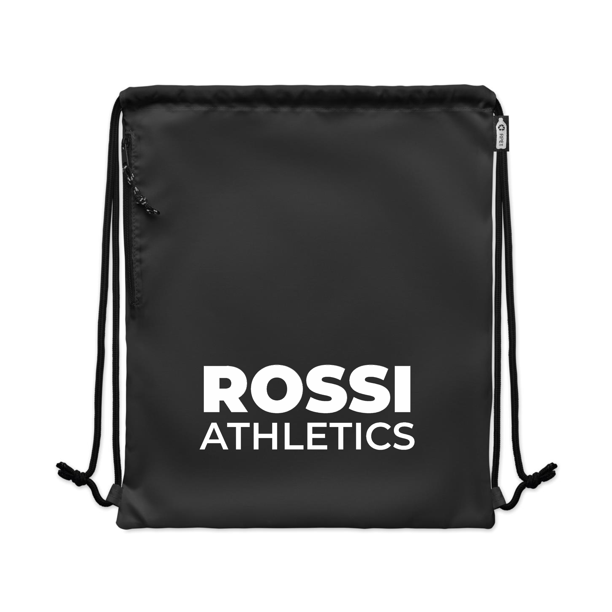 Rossi Athletics black drawstring gym bag front view