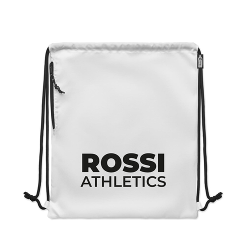Rossi Athletics white drawstring gym bag front view