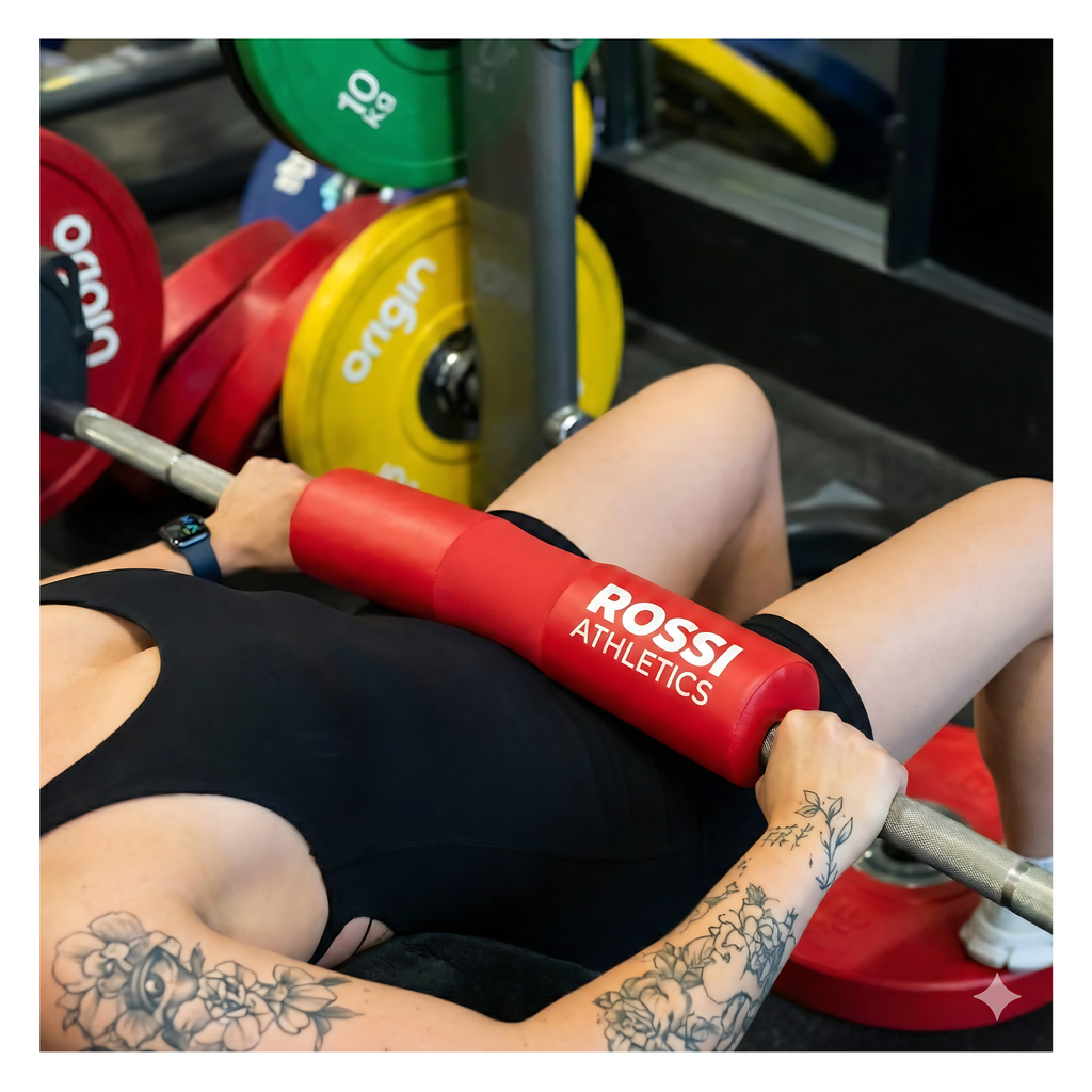 Rossi Athletics barbell hip thrust pad on Olympic barbell