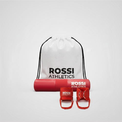 Rossi Athletics gym accessory bundle including hip thrust pad, ankle straps and branded drawstring bag